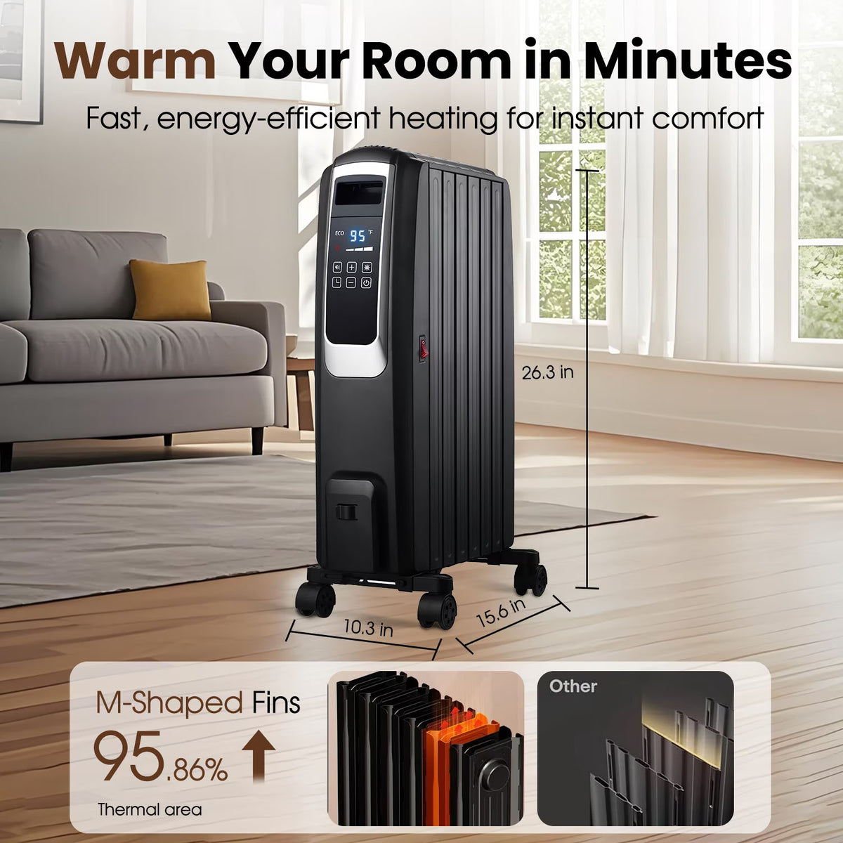 VAJIAZA 1500W Electric Oil Filled Radiator, 26" Durable Steel Radiator Heater, Oil Filled Heater with Remote Control, ECO & Silent Mode, 24H Timer, Overheat & Tip-Over Protection
