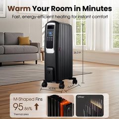 VAJIAZA 1500W Electric Oil Filled Radiator, 26" Durable Steel Radiator Heater, Oil Filled Heater with Remote Control, ECO & Silent Mode, 24H Timer, Overheat & Tip-Over Protection