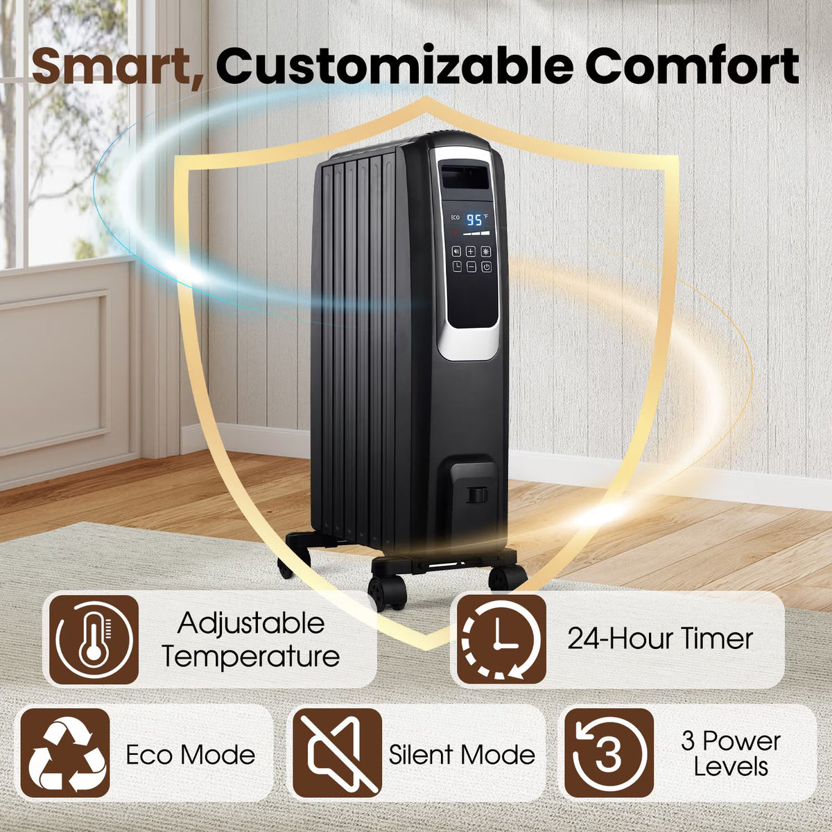 VAJIAZA 1500W Electric Oil Filled Radiator, 26" Durable Steel Radiator Heater, Oil Filled Heater with Remote Control, ECO & Silent Mode, 24H Timer, Overheat & Tip-Over Protection