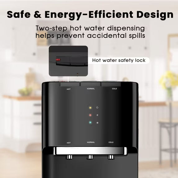 VAJIAZA Water Dispenser for 3 and 5 Gallon Bottles – Bottom Load Water Machine with Hot, Cold & Room Temperature Options, Safe Design, Black