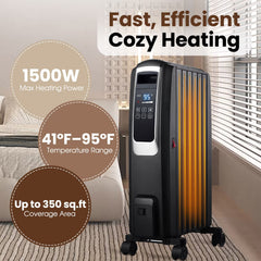 VAJIAZA 1500W Electric Oil Filled Radiator, 26" Durable Steel Radiator Heater, Oil Filled Heater with Remote Control, ECO & Silent Mode, 24H Timer, Overheat & Tip-Over Protection