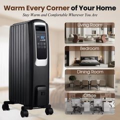 VAJIAZA 1500W Electric Oil Filled Radiator, 26" Durable Steel Radiator Heater, Oil Filled Heater with Remote Control, ECO & Silent Mode, 24H Timer, Overheat & Tip-Over Protection