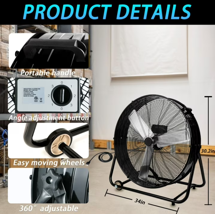 Industrial Fan 30 Inch Heavy Duty Drum 3 Speed 11000 CFM Air Circulation High Velocity Fan For Warehouse, Workshop, Factory, Commercial, Residential and Greenhouse Black