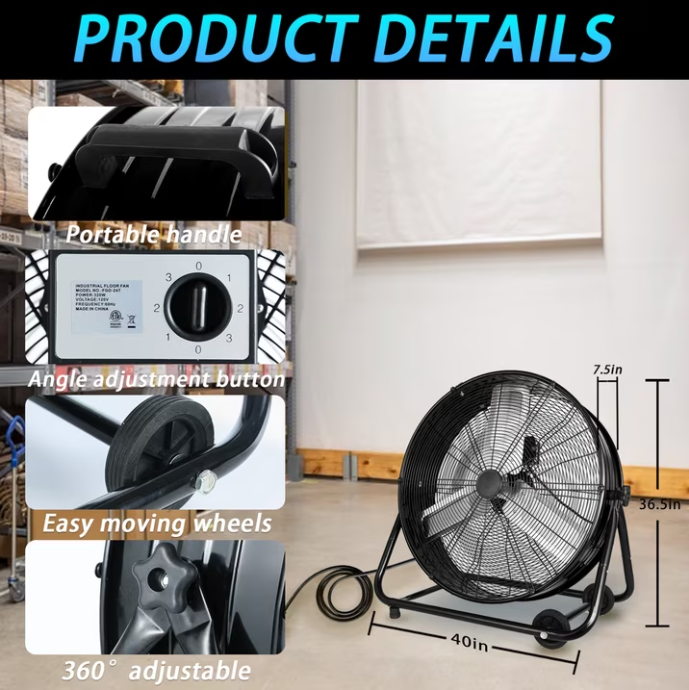 Industrial Fan 36 Inch Heavy Duty Drum 3 Speed 20000 CFM Air Circulation High Velocity Fan For Warehouse, Workshop, Factory, Commercial, Residential and Greenhouse Black
