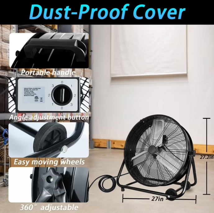 Industrial Fan 24 Inch Heavy Duty Drum 3 Speed 8100 CFM Air Circulation High Velocity Fan For Warehouse, Workshop, Factory, Commercial, Residential and Greenhouse Black
