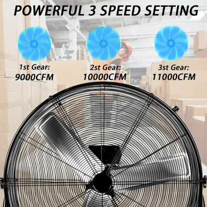 Industrial Fan 30 Inch Heavy Duty Drum 3 Speed 11000 CFM Air Circulation High Velocity Fan For Warehouse, Workshop, Factory, Commercial, Residential and Greenhouse Black