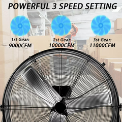 Industrial Fan 30 Inch Heavy Duty Drum 3 Speed 11000 CFM Air Circulation High Velocity Fan For Warehouse, Workshop, Factory, Commercial, Residential and Greenhouse Black