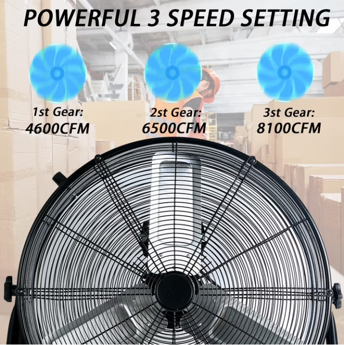 Industrial Fan 24 Inch Heavy Duty Drum 3 Speed 8100 CFM Air Circulation High Velocity Fan For Warehouse, Workshop, Factory, Commercial, Residential and Greenhouse Black