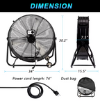 Industrial Fan 30 Inch Heavy Duty Drum 3 Speed 11000 CFM Air Circulation High Velocity Fan For Warehouse, Workshop, Factory, Commercial, Residential and Greenhouse Black