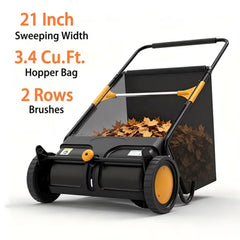 TMWINGS 21 Inch Push Lawn Sweeper, 3.4 Cu. Ft. Manual Leaf & Grass Collector with Adjustable Brush Height, 2 Spinning Brushes for Yard Lawn Patio Cleaning