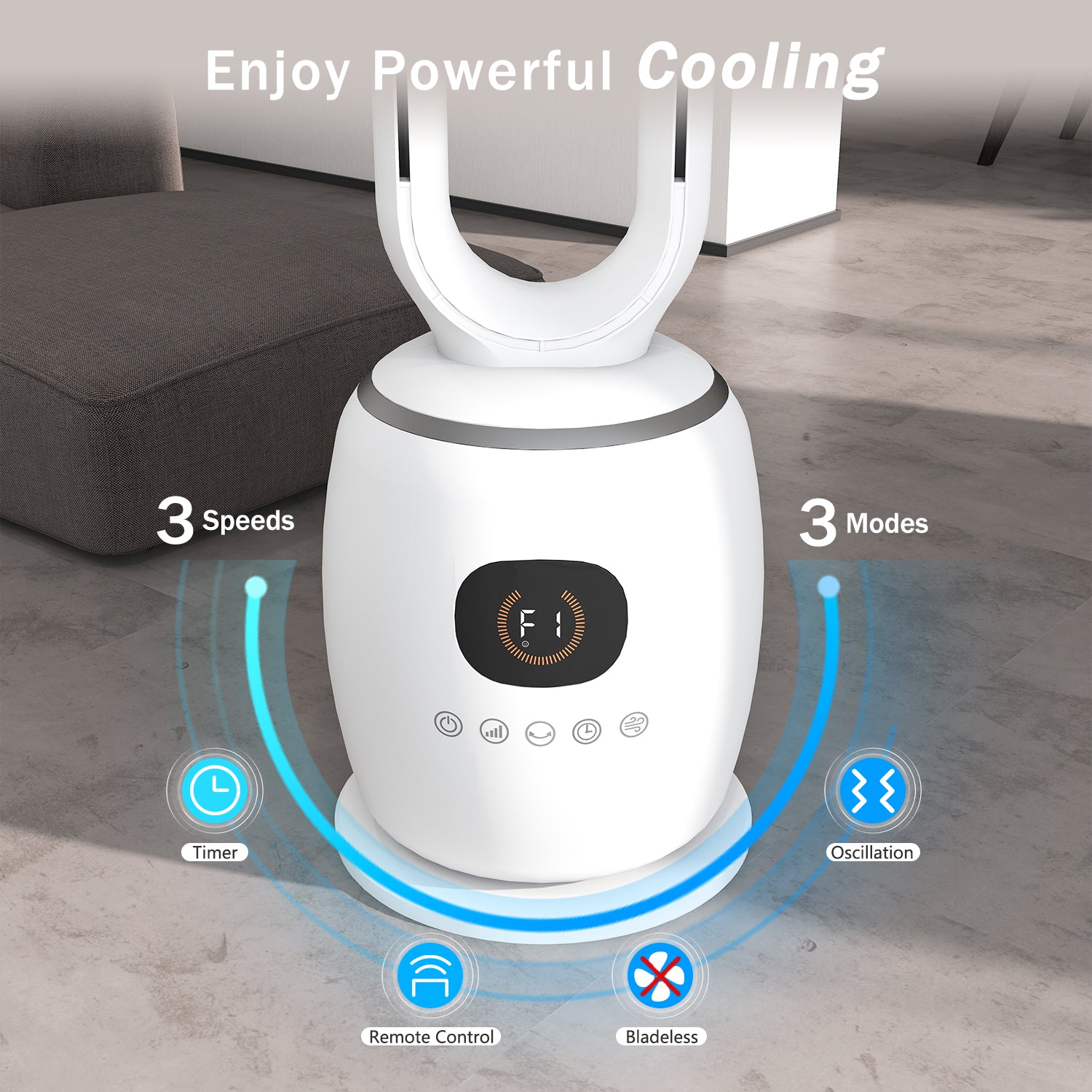 34in Bladeless Tower Fan with 60°Oscillating, 3 Speeds & 3 Modes Standing Floor Fan Equipped Remote Control, 12H Timer for Indoor Room Use