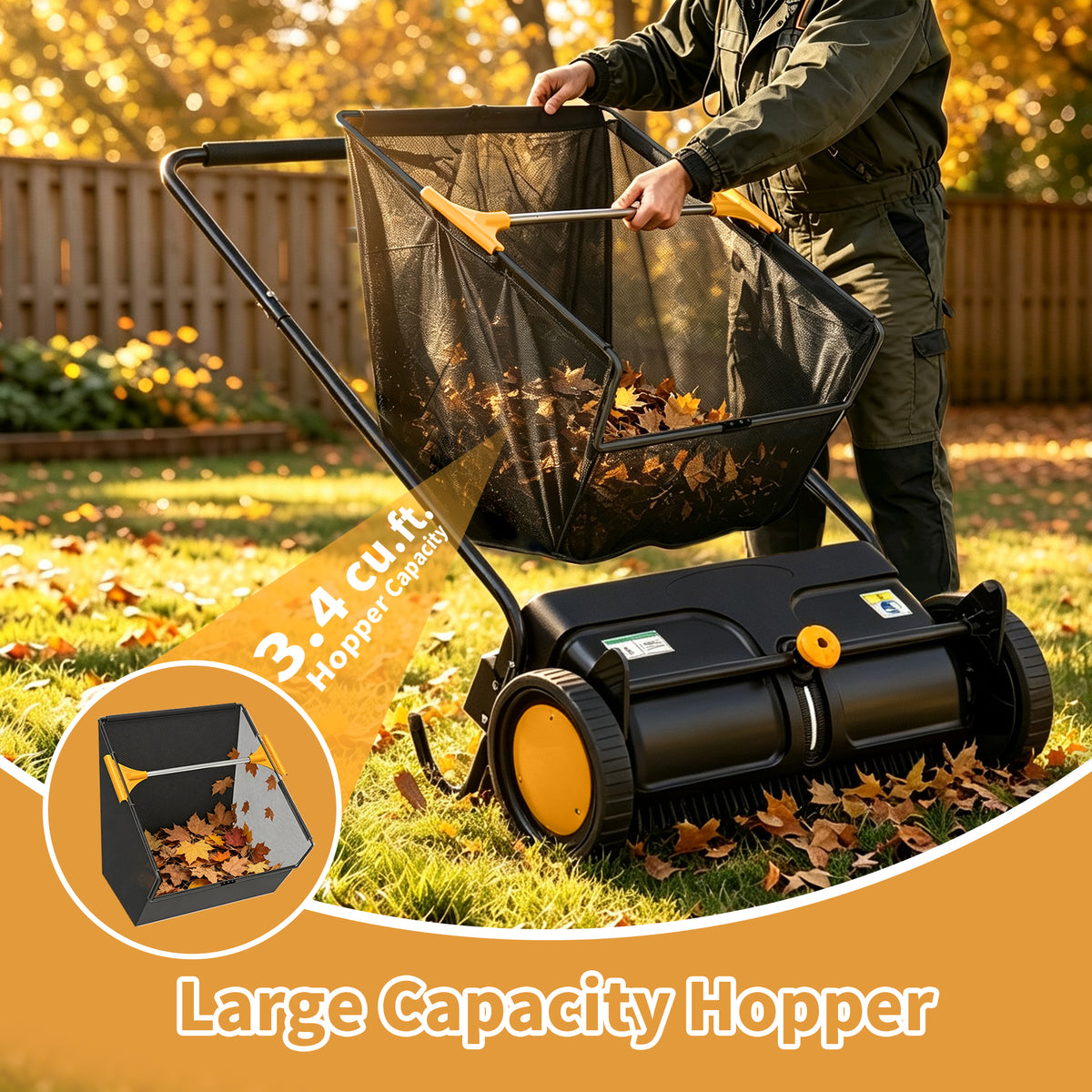 TMWINGS 21 Inch Push Lawn Sweeper, 3.4 Cu. Ft. Manual Leaf & Grass Collector with Adjustable Brush Height, 2 Spinning Brushes for Yard Lawn Patio Cleaning