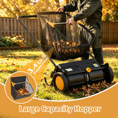TMWINGS 21 Inch Push Lawn Sweeper, 3.4 Cu. Ft. Manual Leaf & Grass Collector with Adjustable Brush Height, 2 Spinning Brushes for Yard Lawn Patio Cleaning