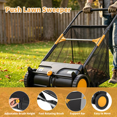 TMWINGS 21 Inch Push Lawn Sweeper, 3.4 Cu. Ft. Manual Leaf & Grass Collector with Adjustable Brush Height, 2 Spinning Brushes for Yard Lawn Patio Cleaning