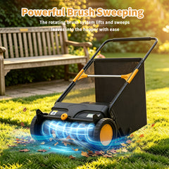 TMWINGS 21 Inch Push Lawn Sweeper, 3.4 Cu. Ft. Manual Leaf & Grass Collector with Adjustable Brush Height, 2 Spinning Brushes for Yard Lawn Patio Cleaning