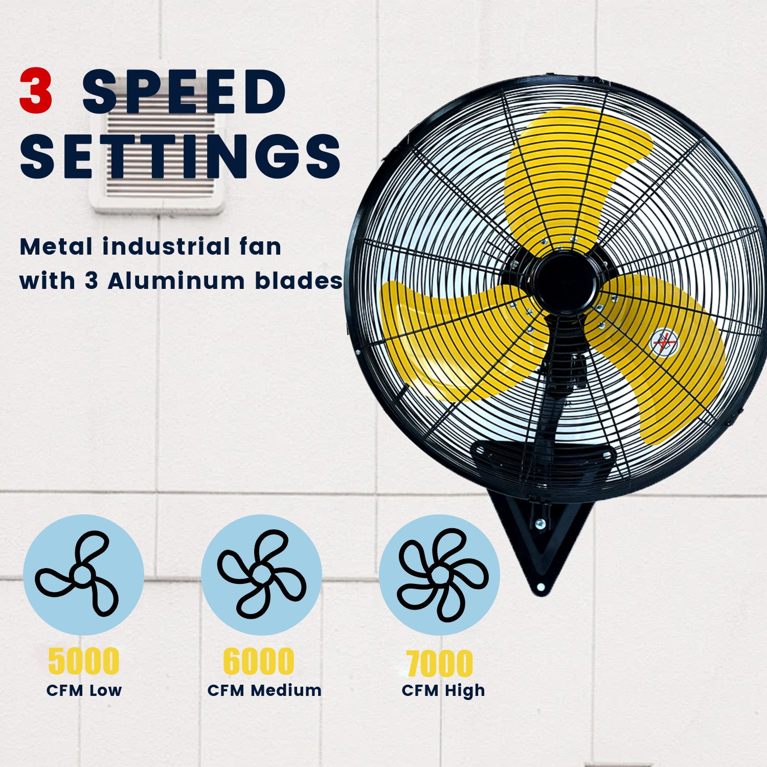 20in Wall Mount Fan, 3-Speed Industrial Wall Fan up to 7000CFM, 120°Oscillating High Airflow Cooling Fan for Garage,Home,Warehouse, Indoor/Outdoor Use, Yellow