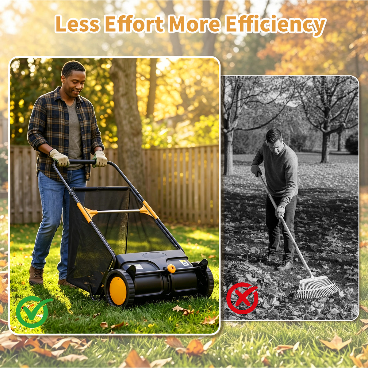 TMWINGS 21 Inch Push Lawn Sweeper, 3.4 Cu. Ft. Manual Leaf & Grass Collector with Adjustable Brush Height, 2 Spinning Brushes for Yard Lawn Patio Cleaning