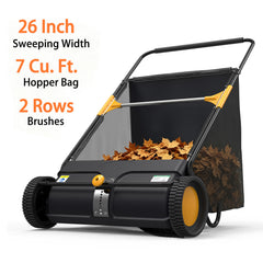 TMWINGS 26 Inch Push Lawn Sweeper, 7 Cu. Ft. Manual Leaf & Grass Collector with Adjustable Brush Height, 2 Spinning Brushes for Yard Lawn Patio Cleaning