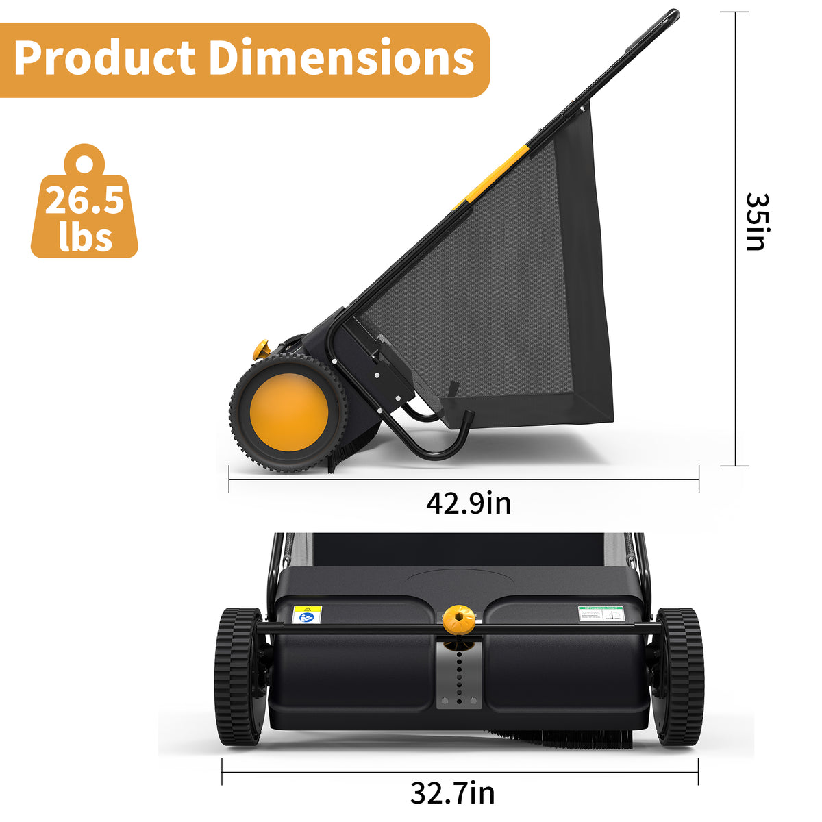 TMWINGS 26 Inch Push Lawn Sweeper, 7 Cu. Ft. Manual Leaf & Grass Collector with Adjustable Brush Height, 2 Spinning Brushes for Yard Lawn Patio Cleaning