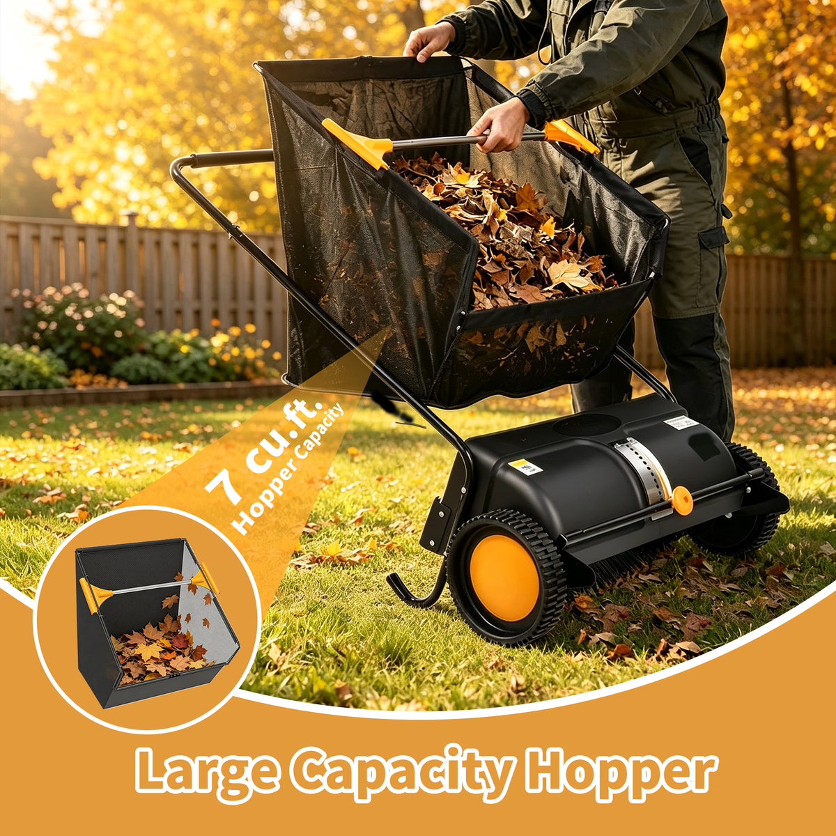 TMWINGS 26 Inch Push Lawn Sweeper, 7 Cu. Ft. Manual Leaf & Grass Collector with Adjustable Brush Height, 2 Spinning Brushes for Yard Lawn Patio Cleaning