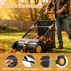 TMWINGS 26 Inch Push Lawn Sweeper, 7 Cu. Ft. Manual Leaf & Grass Collector with Adjustable Brush Height, 2 Spinning Brushes for Yard Lawn Patio Cleaning
