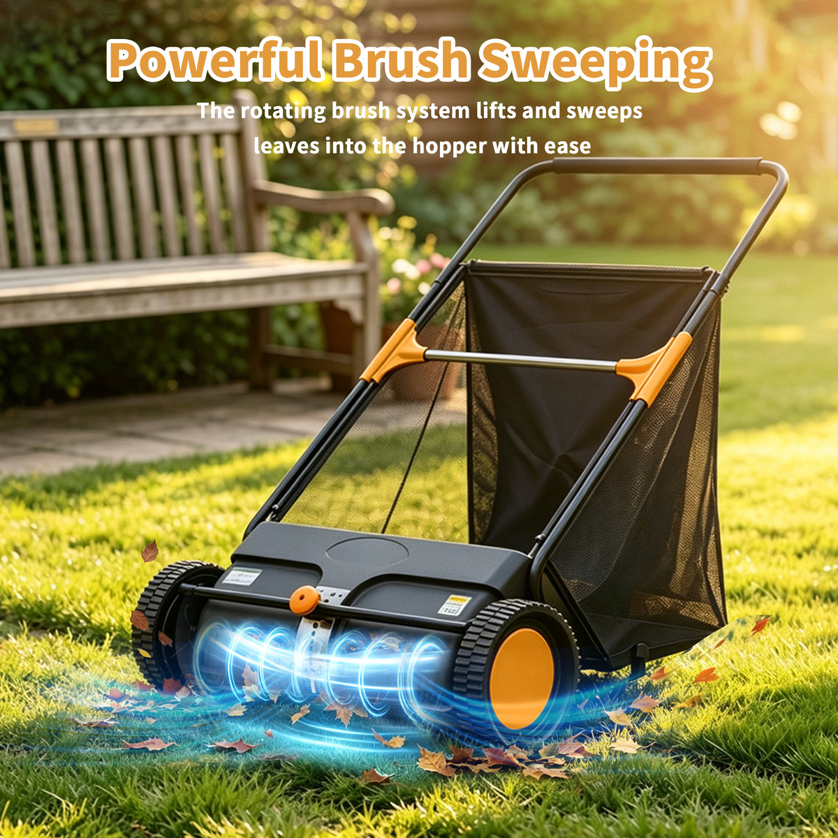 TMWINGS 26 Inch Push Lawn Sweeper, 7 Cu. Ft. Manual Leaf & Grass Collector with Adjustable Brush Height, 2 Spinning Brushes for Yard Lawn Patio Cleaning