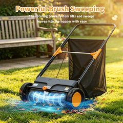 TMWINGS 26 Inch Push Lawn Sweeper, 7 Cu. Ft. Manual Leaf & Grass Collector with Adjustable Brush Height, 2 Spinning Brushes for Yard Lawn Patio Cleaning