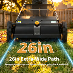 TMWINGS 26 Inch Push Lawn Sweeper, 7 Cu. Ft. Manual Leaf & Grass Collector with Adjustable Brush Height, 2 Spinning Brushes for Yard Lawn Patio Cleaning