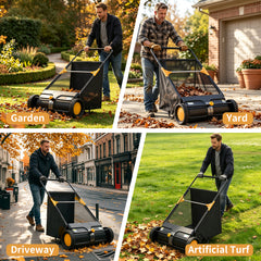 TMWINGS 26 Inch Push Lawn Sweeper, 7 Cu. Ft. Manual Leaf & Grass Collector with Adjustable Brush Height, 2 Spinning Brushes for Yard Lawn Patio Cleaning