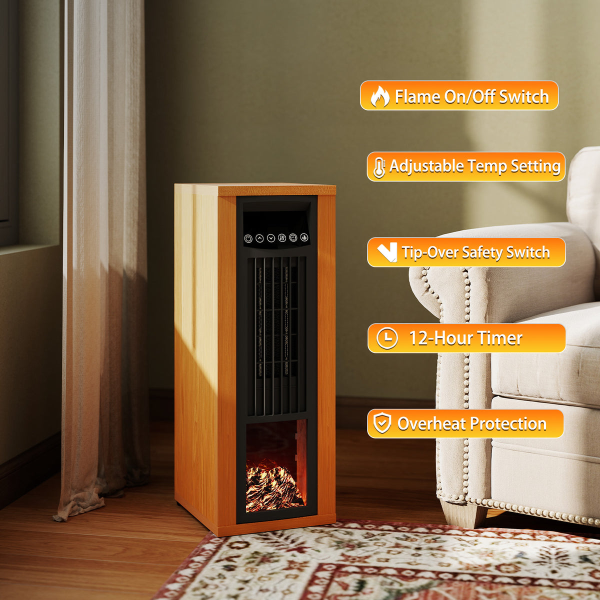 VAJIAZA 25"Electric Fireplace Heater wtih 5100BTU, 1500W Portable Indoor Fireplace with 3D Realistic Flame, AC 120V 60Hz Electric Space Heater, Remote Control, 12H Timer