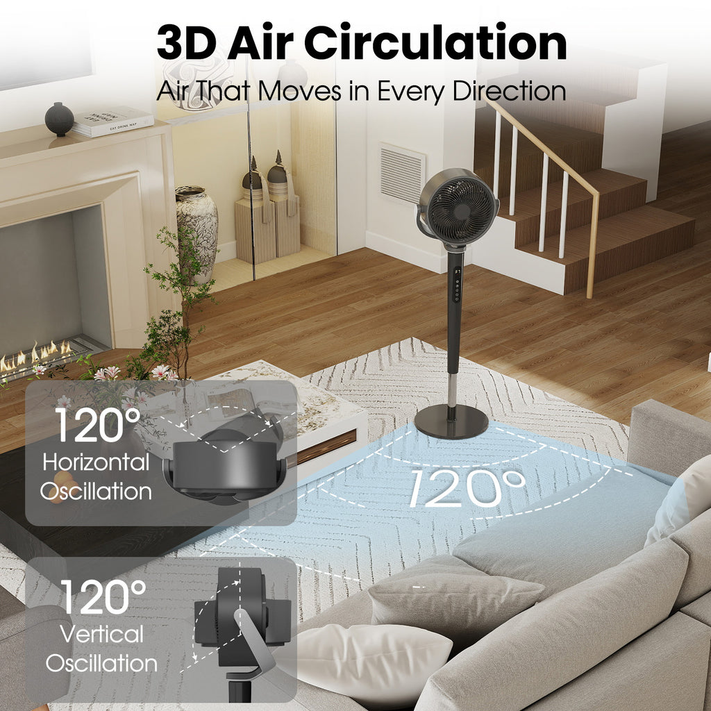 VAJIAZA 37"-46" Pedestal Fan, Quiet Standing Fan for Home Bedroom, 120°+120° Smart 3D Oscillating Floor Fan, 16 Speeds, 4 Wind Modes, Screen-Off, Child Lock, 12H Timer