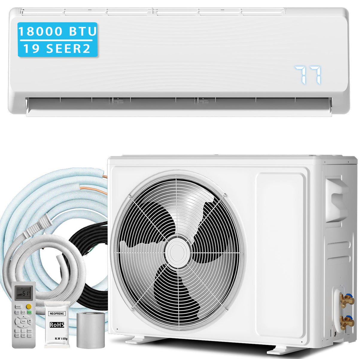18000 BTU Mini Split Air Conditioner & Heater, 19 SEER2 230V Energy Efficient Ductless Wall-Mounted AC Unit Covers Up to 1050 Sq.Ft, Remote Control