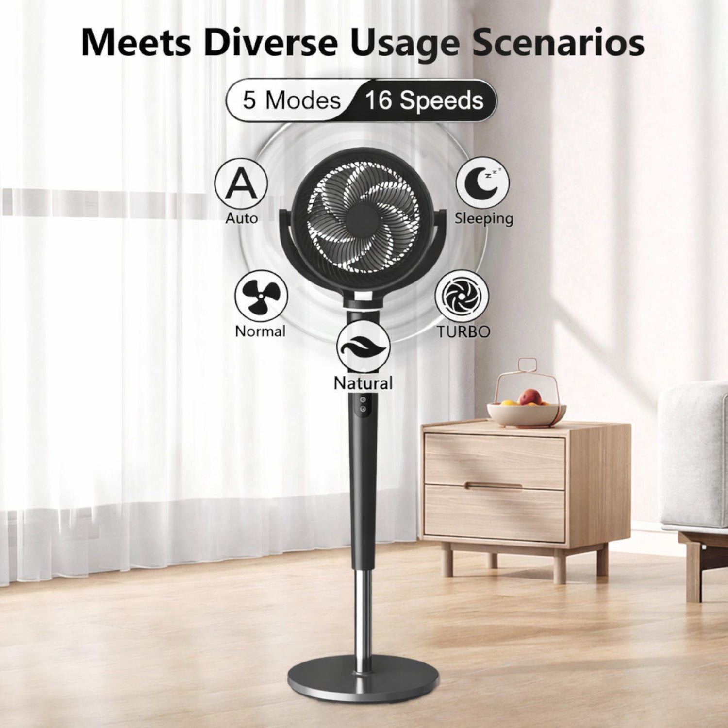 Pedestal Fan with 16 Speeds & 5 Modes,39-46" Adjustable Height Floor Fan Equipped Led Light,120°Oscillating, Free Standing, 12H Timer, Remote Control