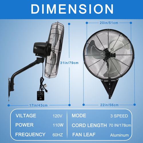 20” Wall Mount Fan 7000 CFM High Velocity Industrial Heavy Duty Fan with 3-Speed Oscillating Commercial Use for Warehouse, Garage, Factory, Black