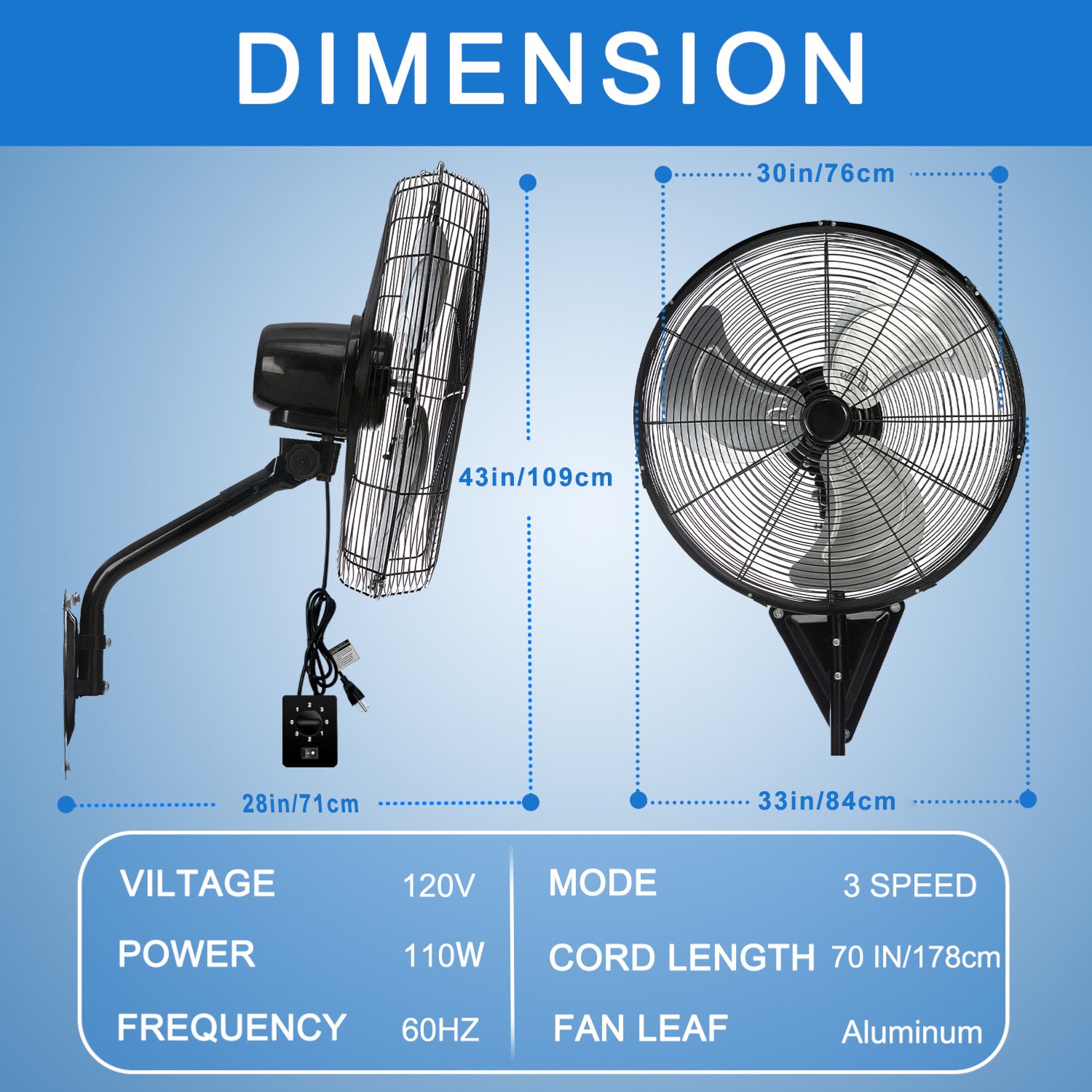 20” Wall Mount Fan 7000 CFM High Velocity Industrial Heavy Duty Fan with 3-Speed Oscillating Commercial Use for Warehouse, Garage, Factory, Black