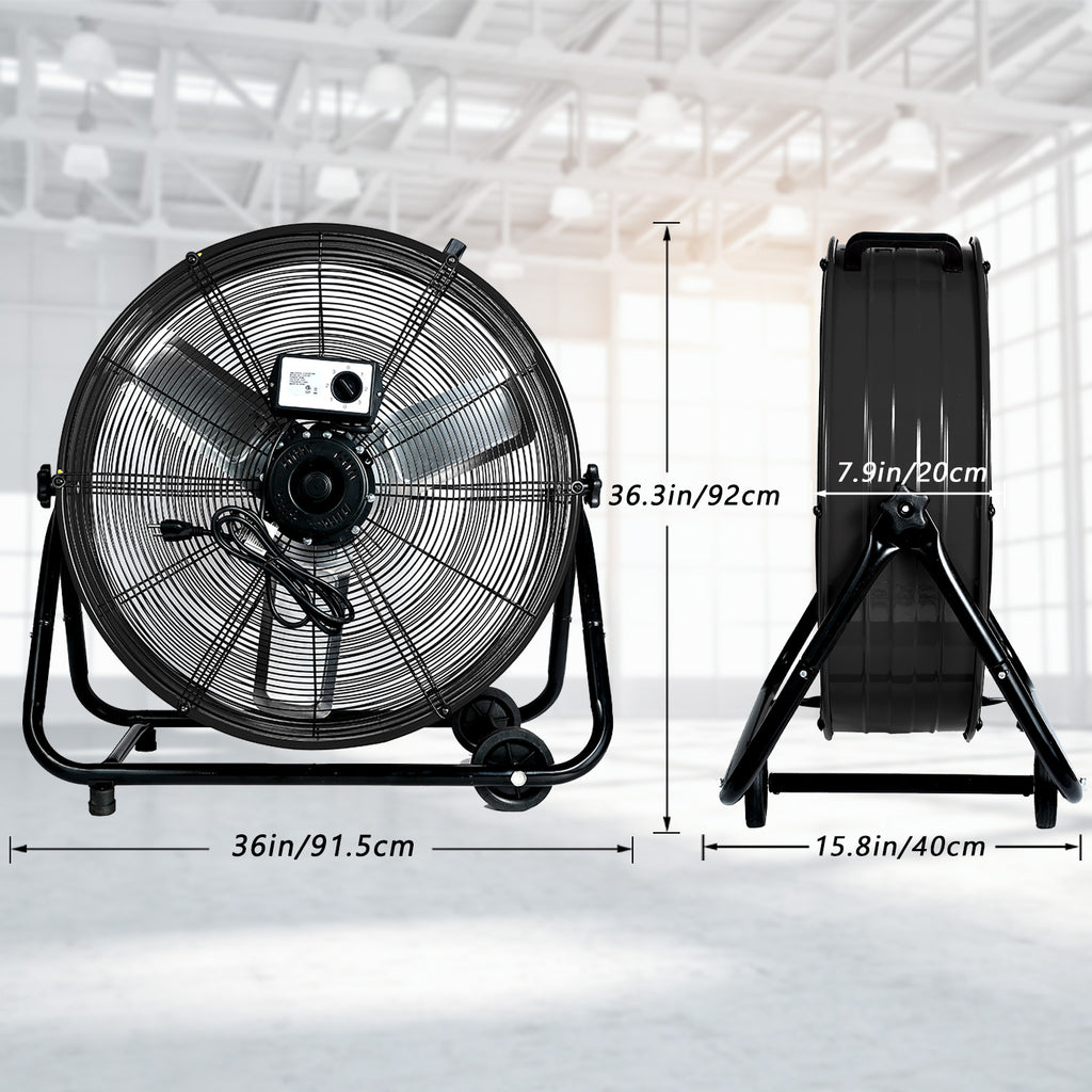 36"Industrial Fan High Velocity,Heavy Duty Drum Fan up to 18600CFM,3-Speed & 360°Adjustable,Ideal for Home, Garage, Indoor/Outdoor Use, Black