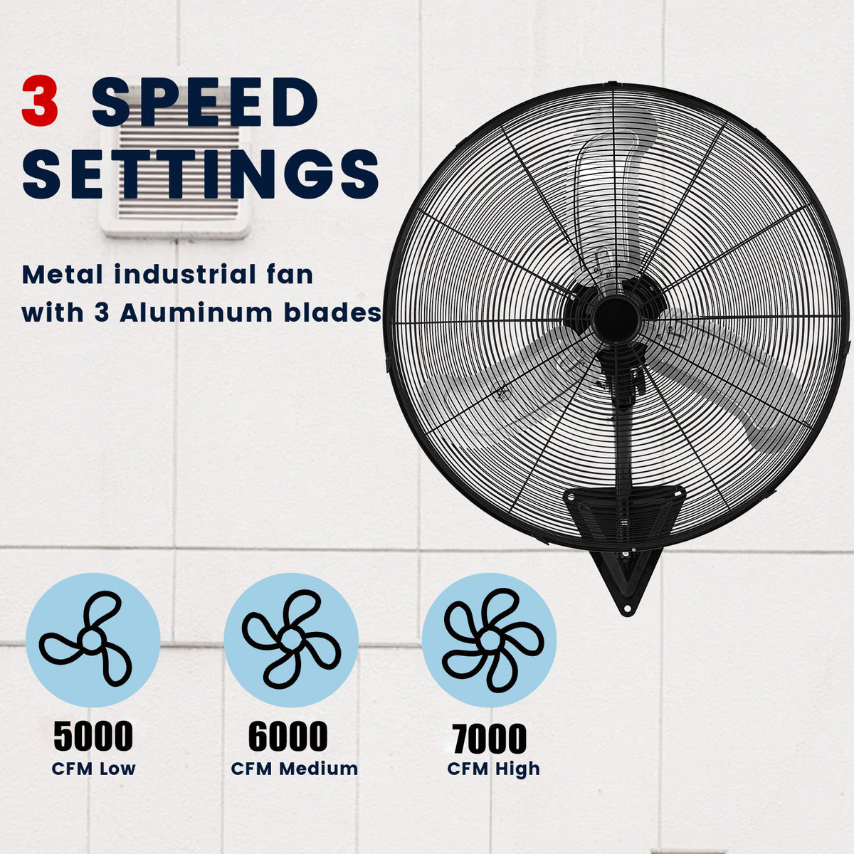 20in Wall Mount Fan, 3-Speed Industrial Wall Fan up to 7000CFM, 120°Oscillating High Airflow Cooling Fan for Garage,Home,Warehouse, Indoor/Outdoor Use, Black