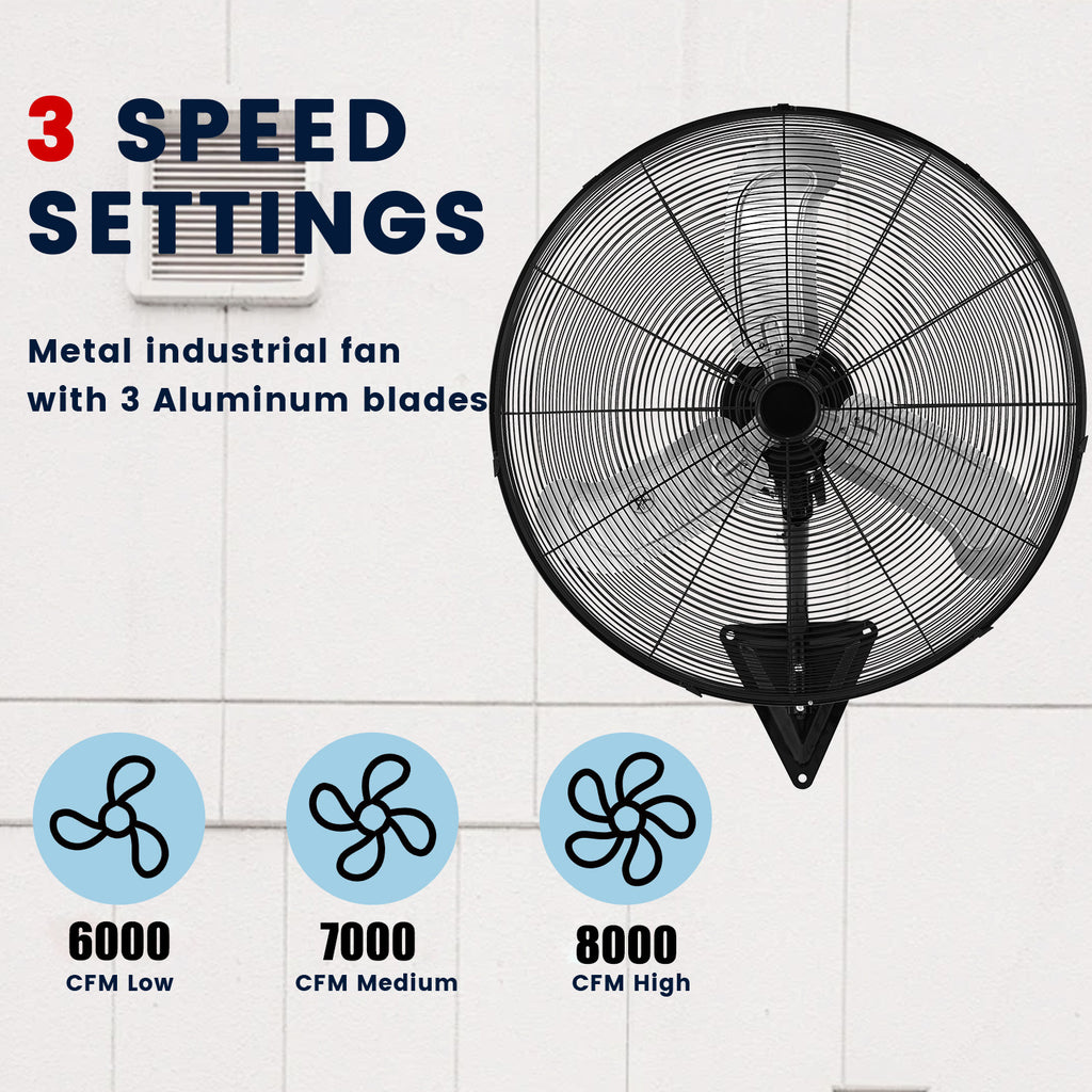 24in Wall Mount Fan, 3-Speed Industrial Wall Fan up to 8000CFM, 120°Oscillating High Airflow Cooling Fan for Garage,Home,Warehouse, Indoor/Outdoor Use, Black