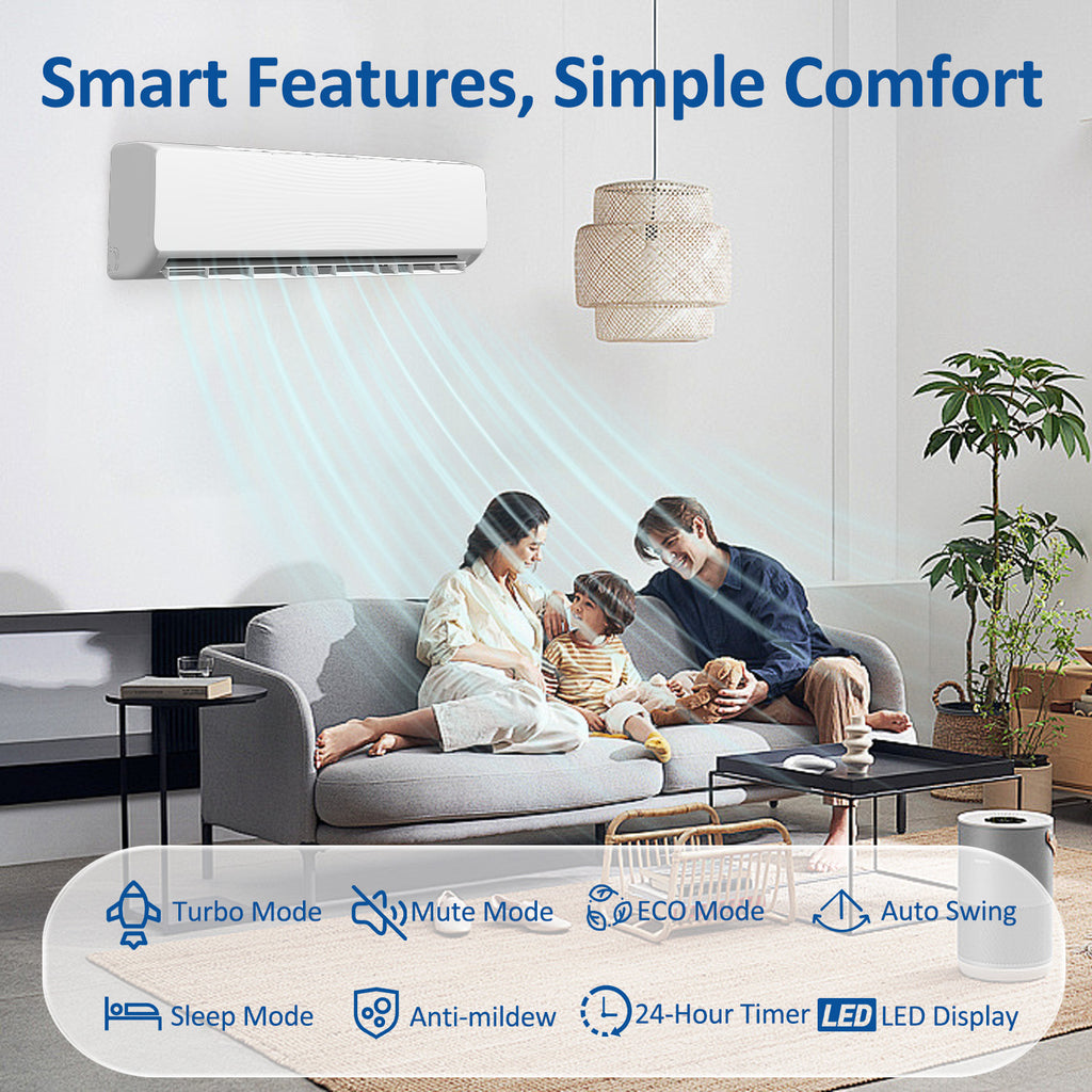 9000 BTU Mini Split Air Conditioner & Heater, 19 SEER2 115V Energy Efficient Ductless Wall-Mounted AC Unit Covers Up to 450 Sq. Ft, Remote Control