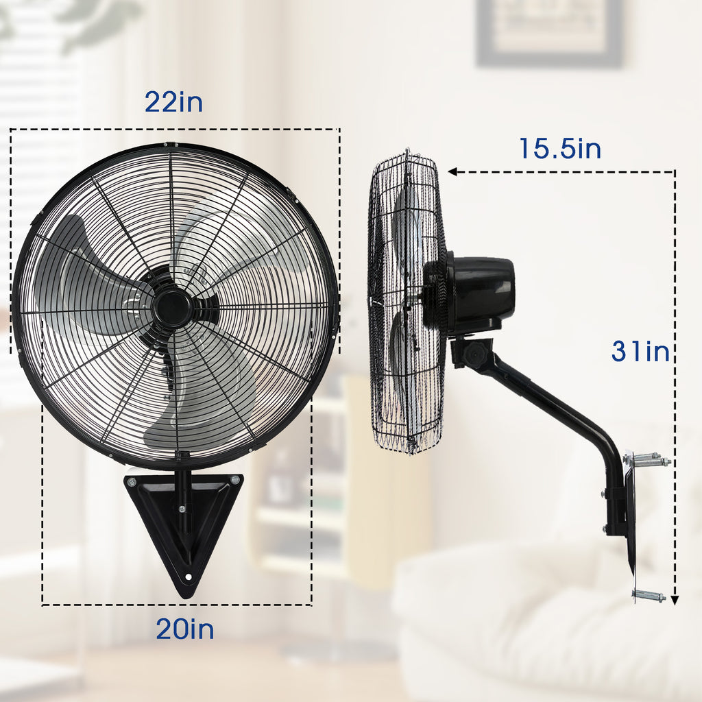 20" Wall Mount Fan, 7100CFM Heavy Duty Wall Fan with 3-Speed & Adjustable Tilt, High Velocity Industrial Oscillating Fans for Garage, Factory, Patio, Porch, Shop & Commercial Use - ETL Listed