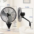 20" Wall Mount Fan, 7100CFM Heavy Duty Wall Fan with 3-Speed & Adjustable Tilt, High Velocity Industrial Oscillating Fans for Garage, Factory, Patio, Porch, Shop & Commercial Use - ETL Listed
