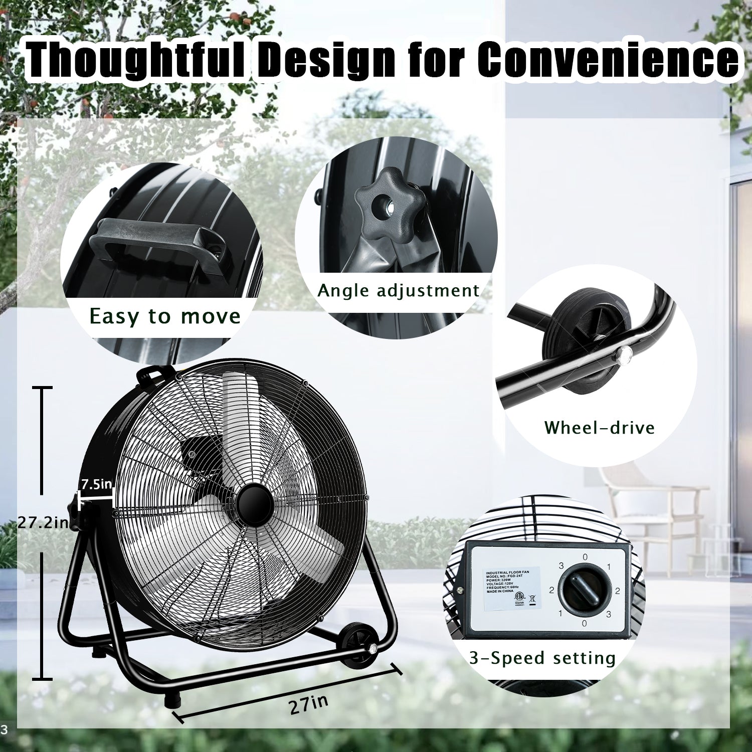 Industrial Fans 24" up to 8800 CFM, High Velocity Fan with 3 Speeds, Heavy Duty Blower Fan Equipped 360° Tilt Air Circulator Recommended Use in Warehouse, Garage, Yard, Black