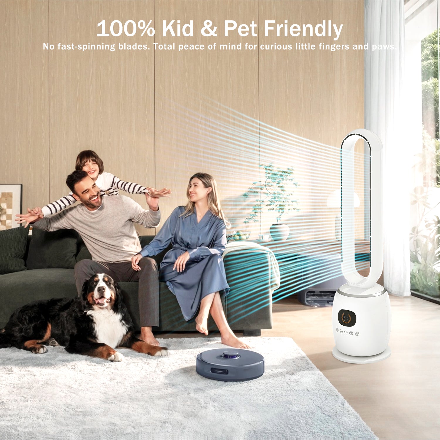 34in Bladeless Tower Fan with 60°Oscillating, 3 Speeds & 3 Modes Standing Floor Fan Equipped Remote Control, 12H Timer for Indoor Room Use