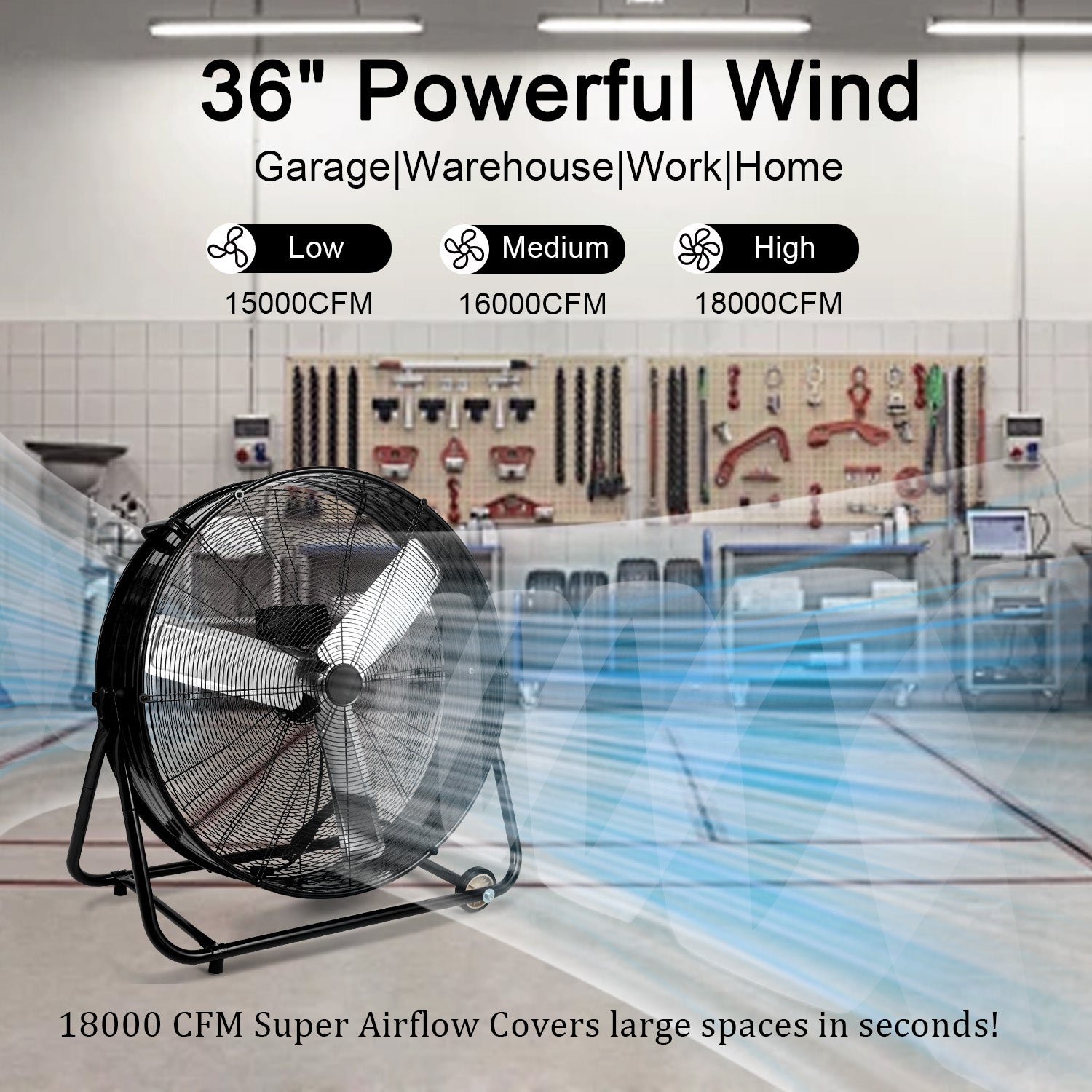 36" Industrial Fans for 18000 CFM, High Velocity Fan with 3 Speeds, Heavy Duty Blower Fan Equipped 360° Tilt Air Circulator Used in Warehouse, Garage, Yard