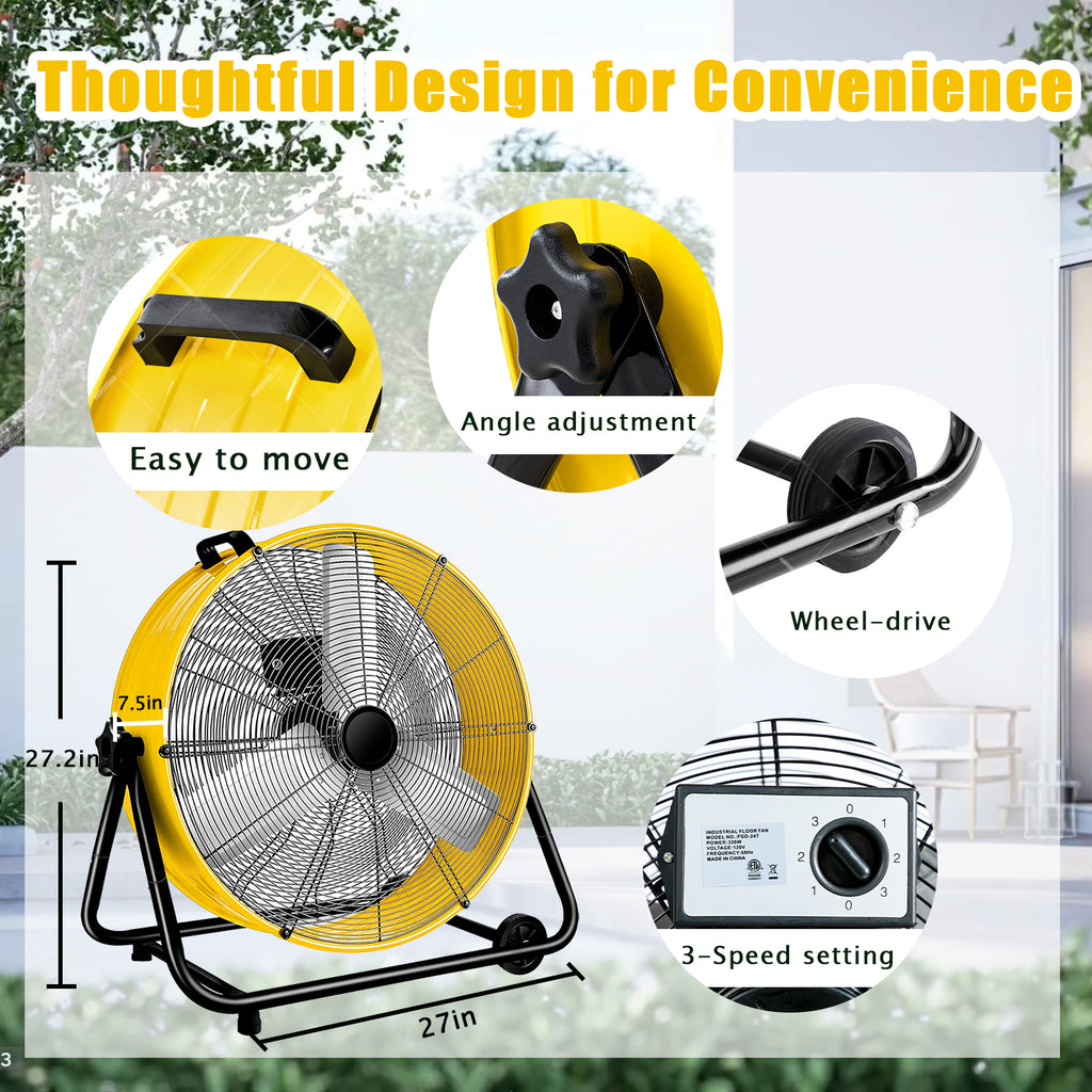Industrial Fans 24" up to 8800 CFM, High Velocity Fan with 3 Speeds, Heavy Duty Blower Fan Equipped 360° Tilt Air Circulator Recommended Use in Warehouse, Garage, Yard, Yellow