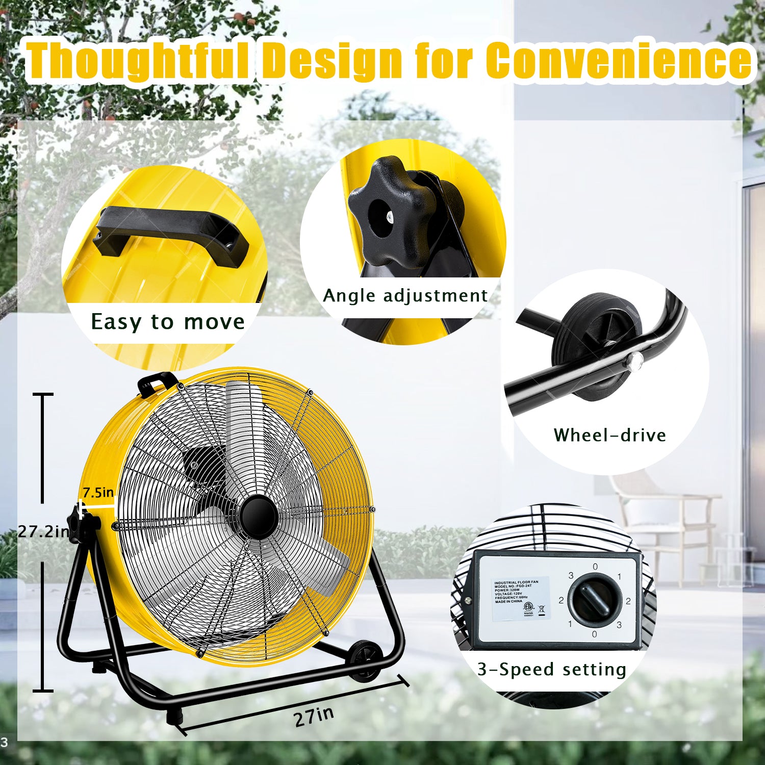 Industrial Fans 24" up to 8800 CFM, High Velocity Fan with 3 Speeds, Heavy Duty Blower Fan Equipped 360° Tilt Air Circulator Recommended Use in Warehouse, Garage, Yard, Yellow