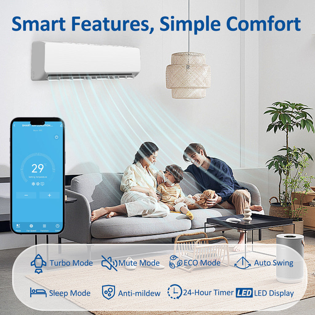 9000 BTU Mini Split Air Conditioner & Heater, 19 SEER2 115V WIFI Enabled Ductless Wall-Mounted AC Unit Covers Up to 450 Sq.Ft, APP & Remote Control