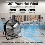 30" Industrial Fans for 14000 CFM, High Velocity Fan with 3 Speeds, Heavy Duty Blower Fan Equipped 360° Tilt Air Circulator Used in Warehouse, Garage, Yard