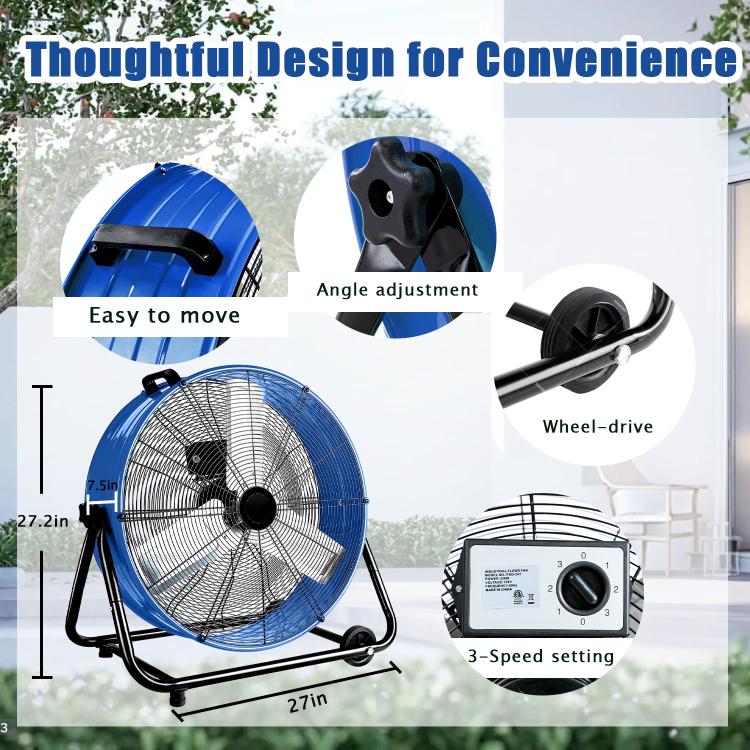 Industrial Fans 24" up to 8800 CFM, High Velocity Fan with 3 Speeds, Heavy Duty Blower Fan Equipped 360° Tilt Air Circulator Recommended Use in Warehouse, Garage, Yard, Blue