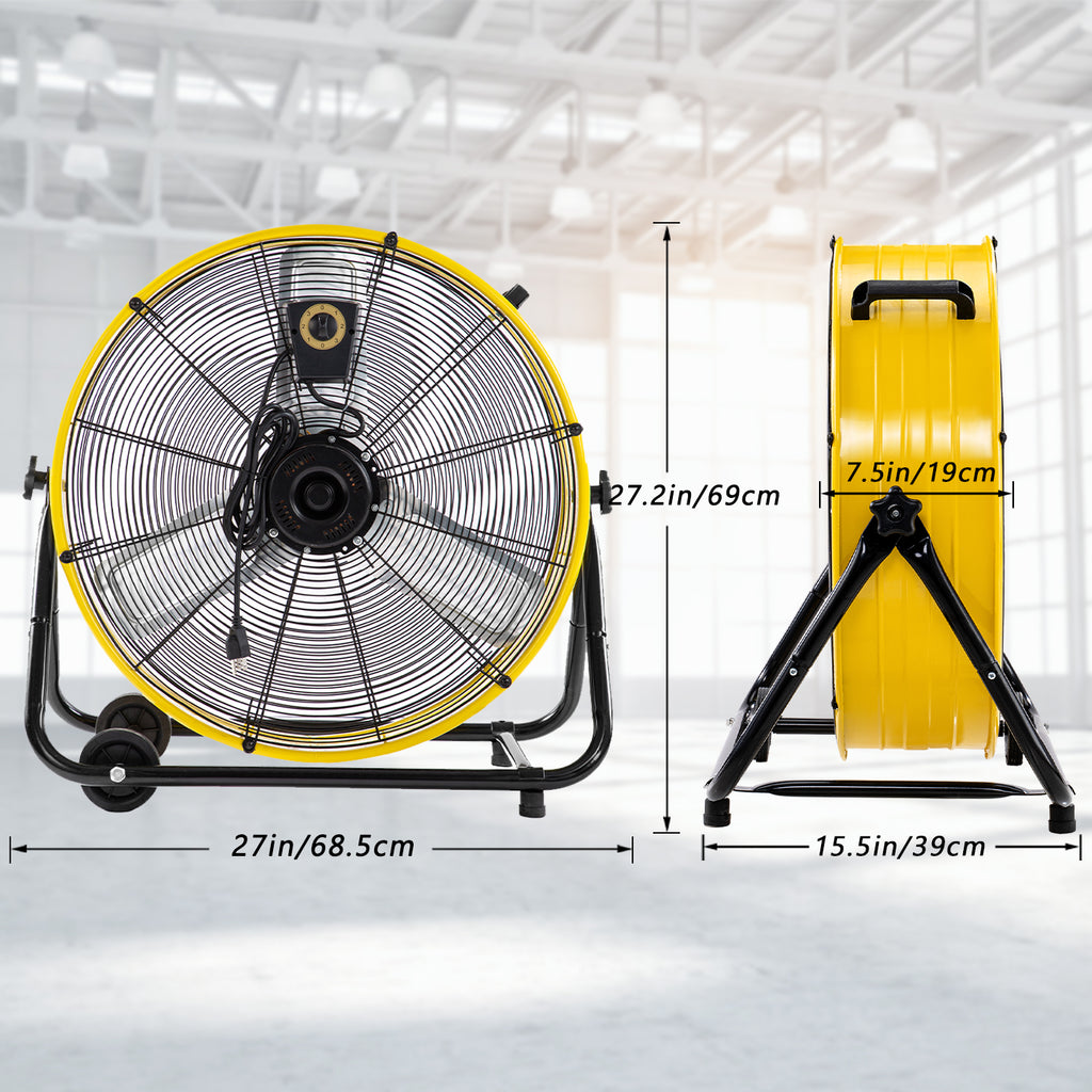 24"Industrial Fan High Velocity,Heavy Duty Drum Fan up to 8100CFM,3-Speed & 360°Adjustable,Ideal for Home, Garage, Indoor/Outdoor Use, Yellow
